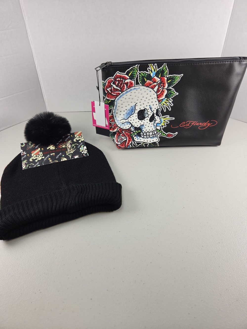 NWT Ed Hardy Black Skull Cosmetic Pouch & Pom Beanie Hat